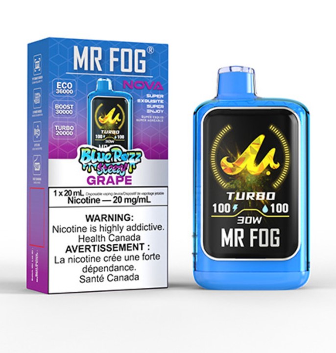 Federal *EXCISED* Disposable Vape Mr Fog NOVA Blue Razz Steezy Grape Box of 5