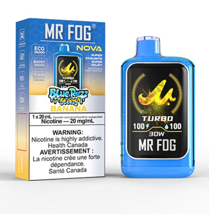 Federal *EXCISED* Disposable Vape Mr Fog NOVA Blue Razz Steezy Banana Box of 5