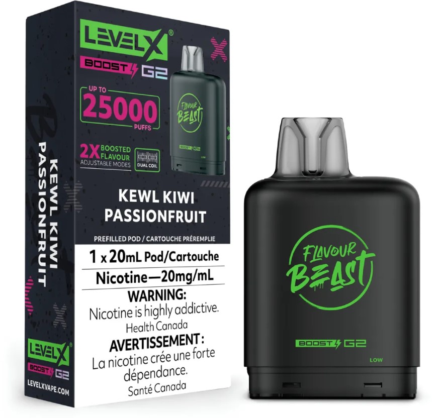Manitoba *EXCISED* Nicotine Pod Flavour Beast Level X Boost G2 Kewl Kiwi Passionfruit Box of 6