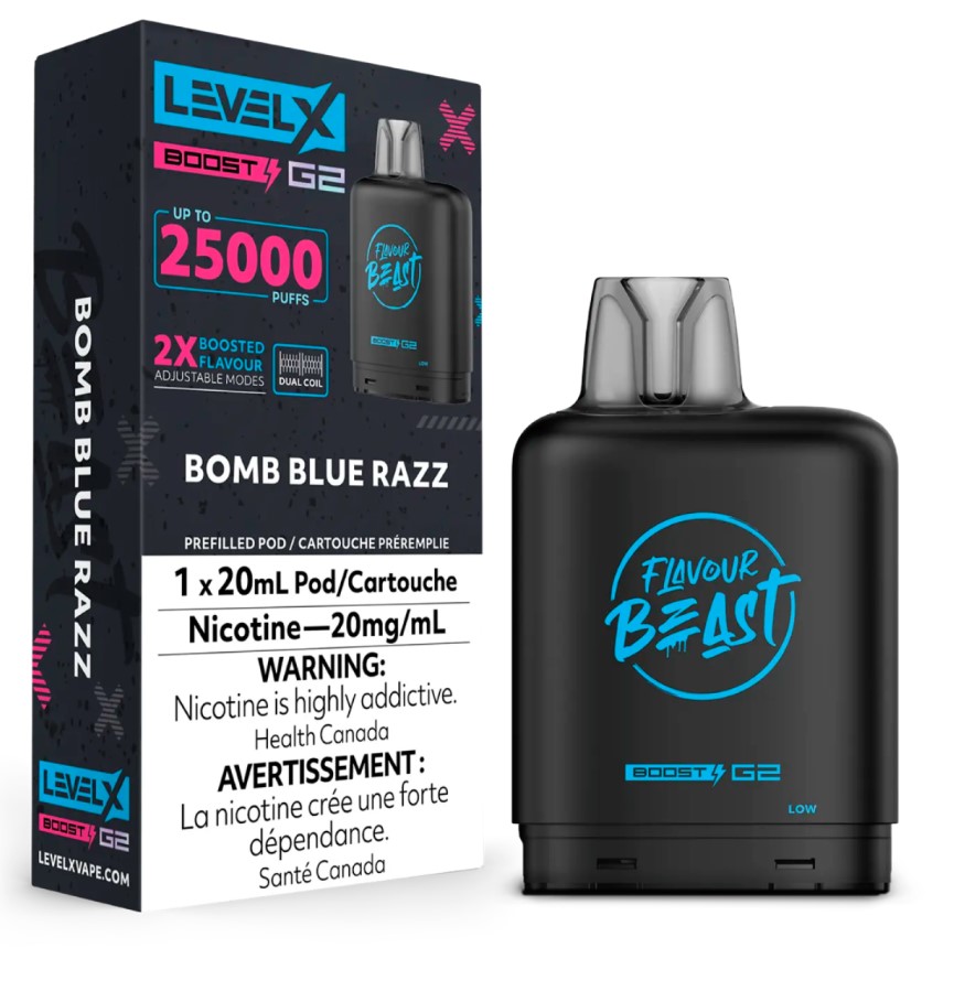 Alberta *EXCISED* Nicotine Pod Flavour Beast Level X Boost G2 Bomb Blue Razz Box of 6