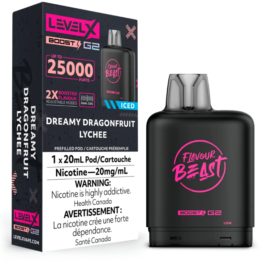 Manitoba *EXCISED* Nicotine Pod Flavour Beast Level X Boost G2 Dreamy Dragonfruit Lychee Iced Box of 6