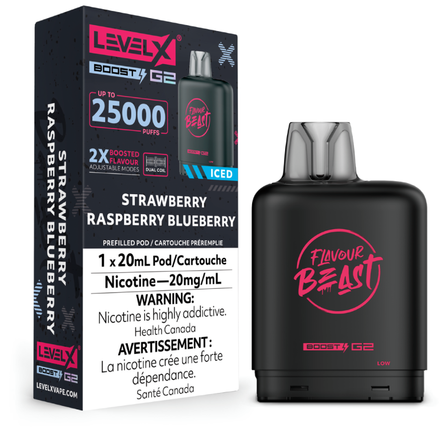 Manitoba *EXCISED* Nicotine Pod Flavour Beast Level X Boost G2 Strawberry Raspberry Blueberry Iced Box of 6