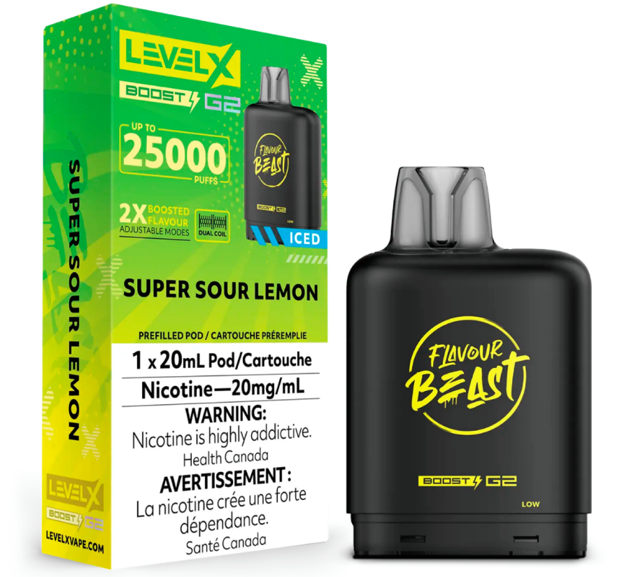 Manitoba *EXCISED* Nicotine Pod Flavour Beast Level X Boost G2 Super Sour Lemon Iced Box of 6