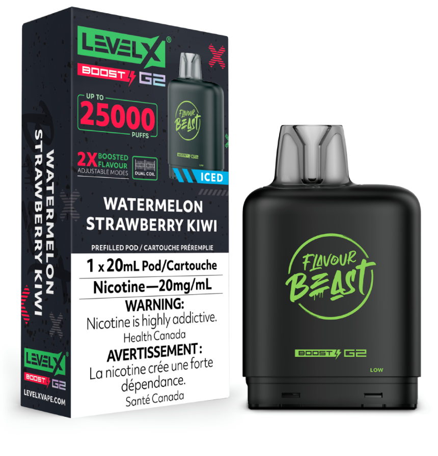 Manitoba *EXCISED* Nicotine Pod Flavour Beast Level X Boost G2 Watermelon Strawberry Kiwi Iced Box of 6