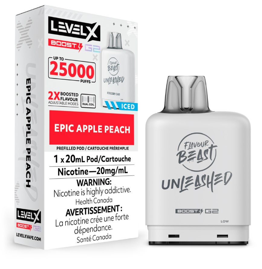 Manitoba *EXCISED* Nicotine Pod Flavour Beast Level X Unleashed Boost G2 Epic Apple Peach Box of 6