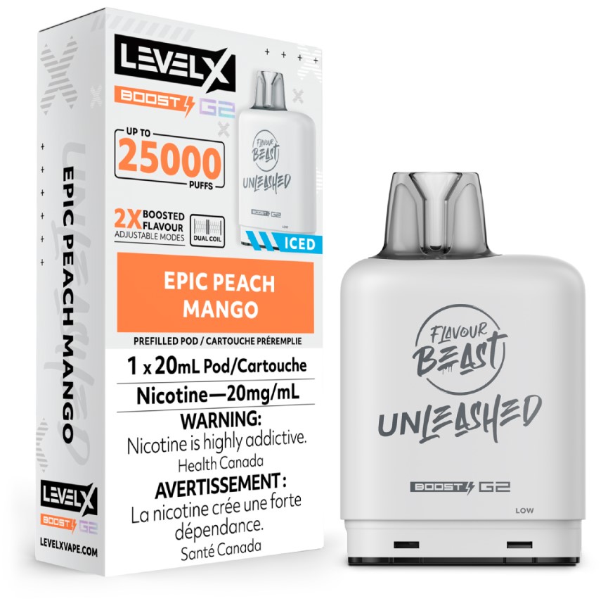 Manitoba *EXCISED* Nicotine Pod Flavour Beast Level X Unleashed Boost G2 Epic Peach Mango Box of 6