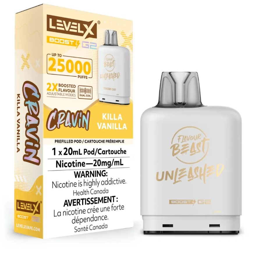 Manitoba *EXCISED* Nicotine Pod Flavour Beast Level X Unleashed Boost G2 Killa Vanilla Box of 6