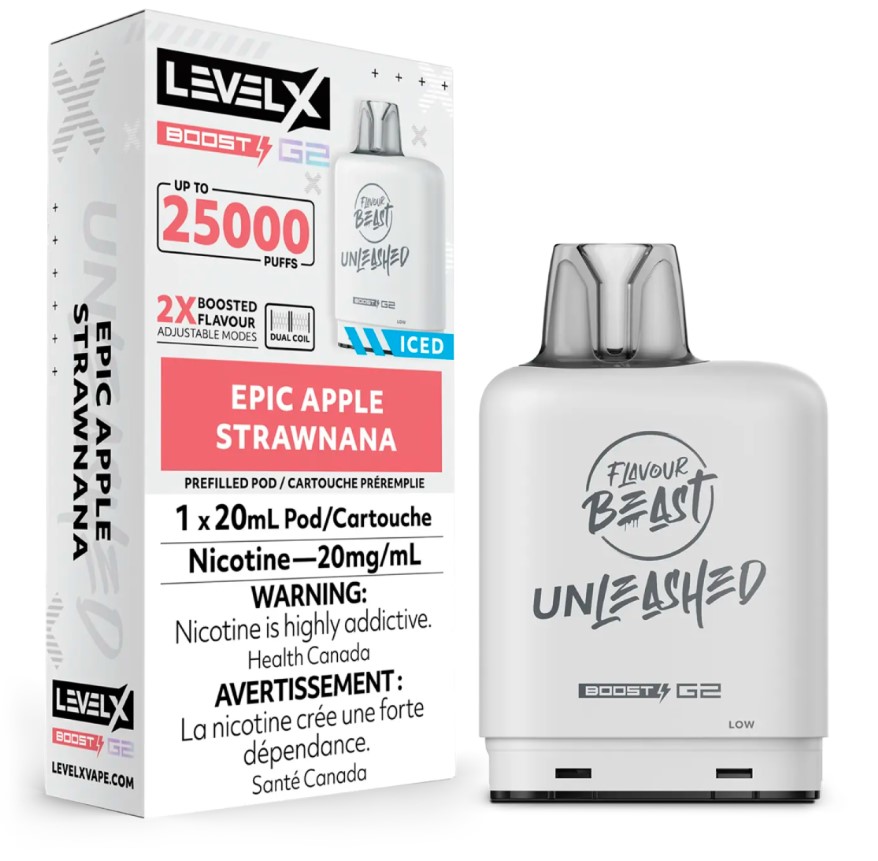 Manitoba *EXCISED* Nicotine Pod Flavour Beast Level X Unleashed Boost G2 Epic Apple Strawnana Box of 6