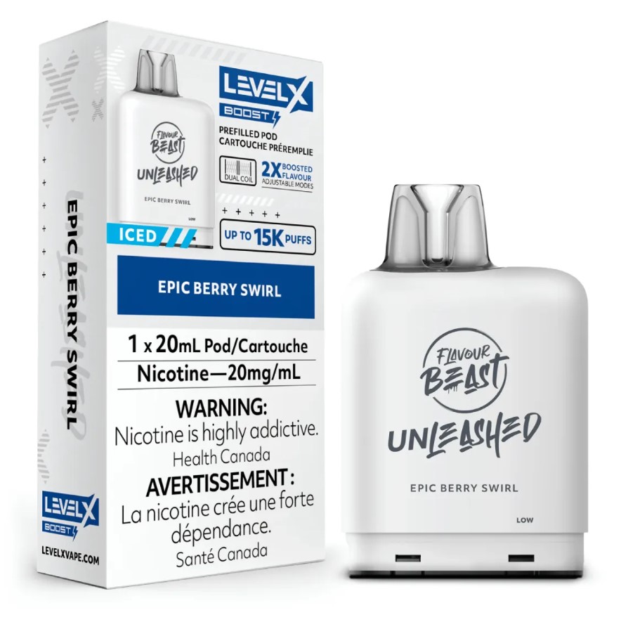 Manitoba *EXCISED* Nicotine Pod Flavour Beast Level X Unleashed Boost G2 Epic Berry Swirl Box of 6