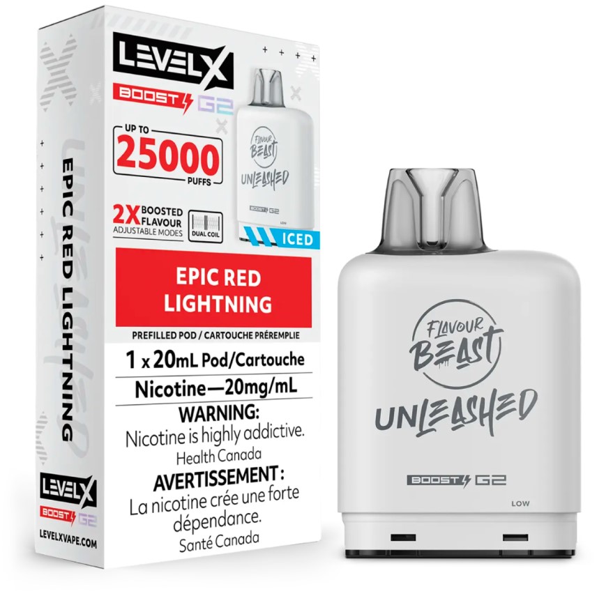 Manitoba *EXCISED* Nicotine Pod Flavour Beast Level X Unleashed Boost G2 Epic Red Lightning Box of 6