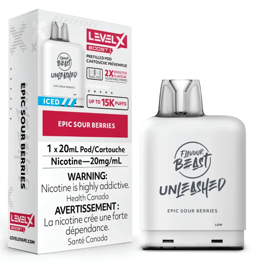 Manitoba *EXCISED* Nicotine Pod Flavour Beast Level X Unleashed Boost G2 Epic Sour Berries Box of 6