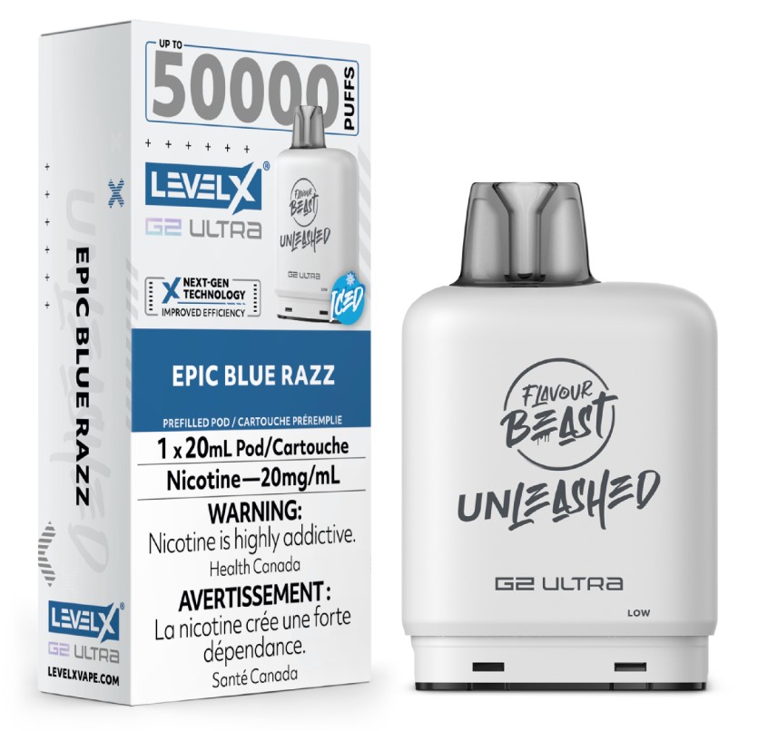 Manitoba *EXCISED* Nicotine Pod Flavour Beast Level X Unleashed G2 Ultra Epic Blue Razz Box of 6