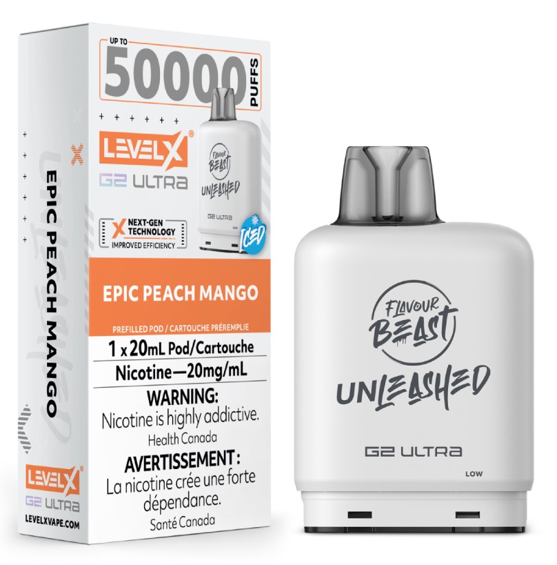 Manitoba *EXCISED* Nicotine Pod Flavour Beast Level X Unleashed G2 Ultra Epic Peach Mango Box of 6