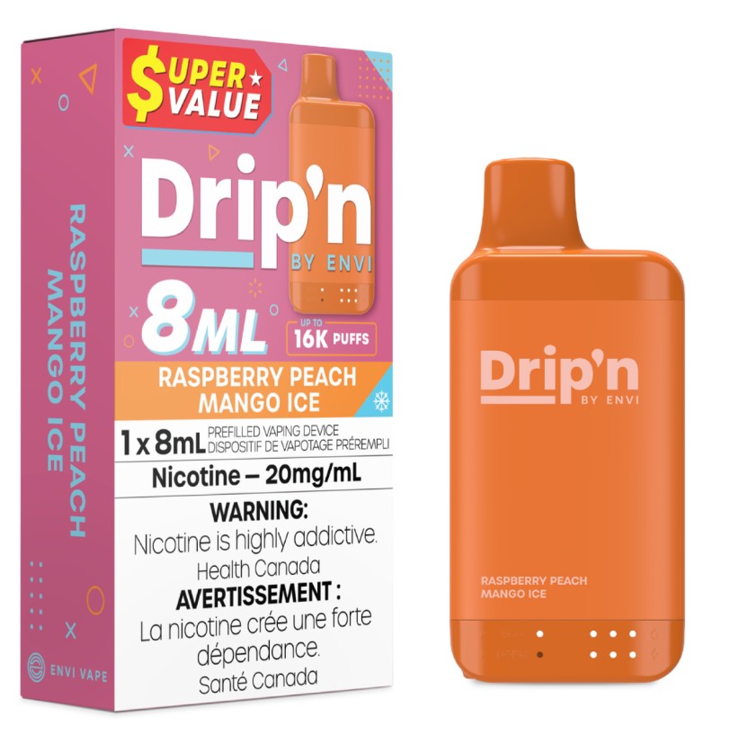 Manitoba *EXCISED* Disposable Vape Drip'n Envi 8ML Raspberry Peach Mango Ice Box of 5