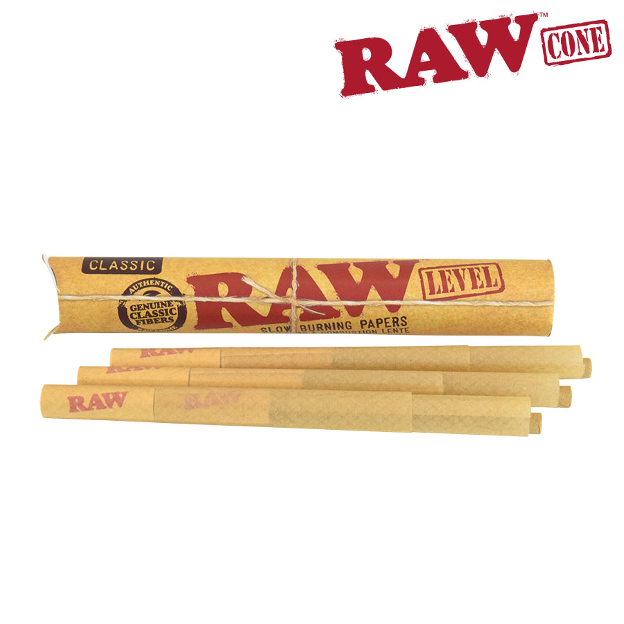 Rolling Cones Raw Classic Natural Pre-Rolled Level Cones  84mm W/26mm Spiral Tip Box of 24