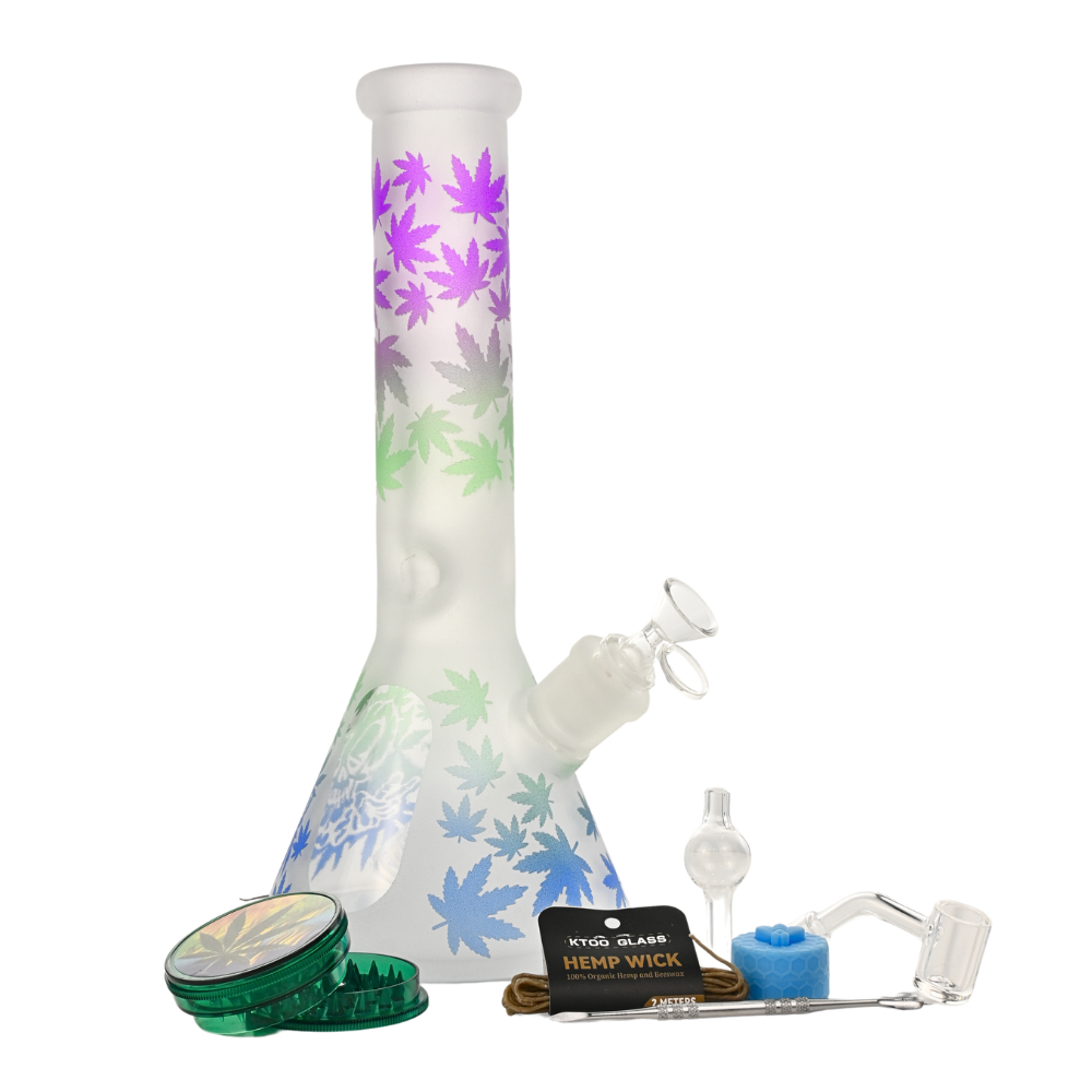 Glass Bong Arsenal Glass 5mm Frosted Leaf Glass Bong 9-in-1 Dab Kit 12"