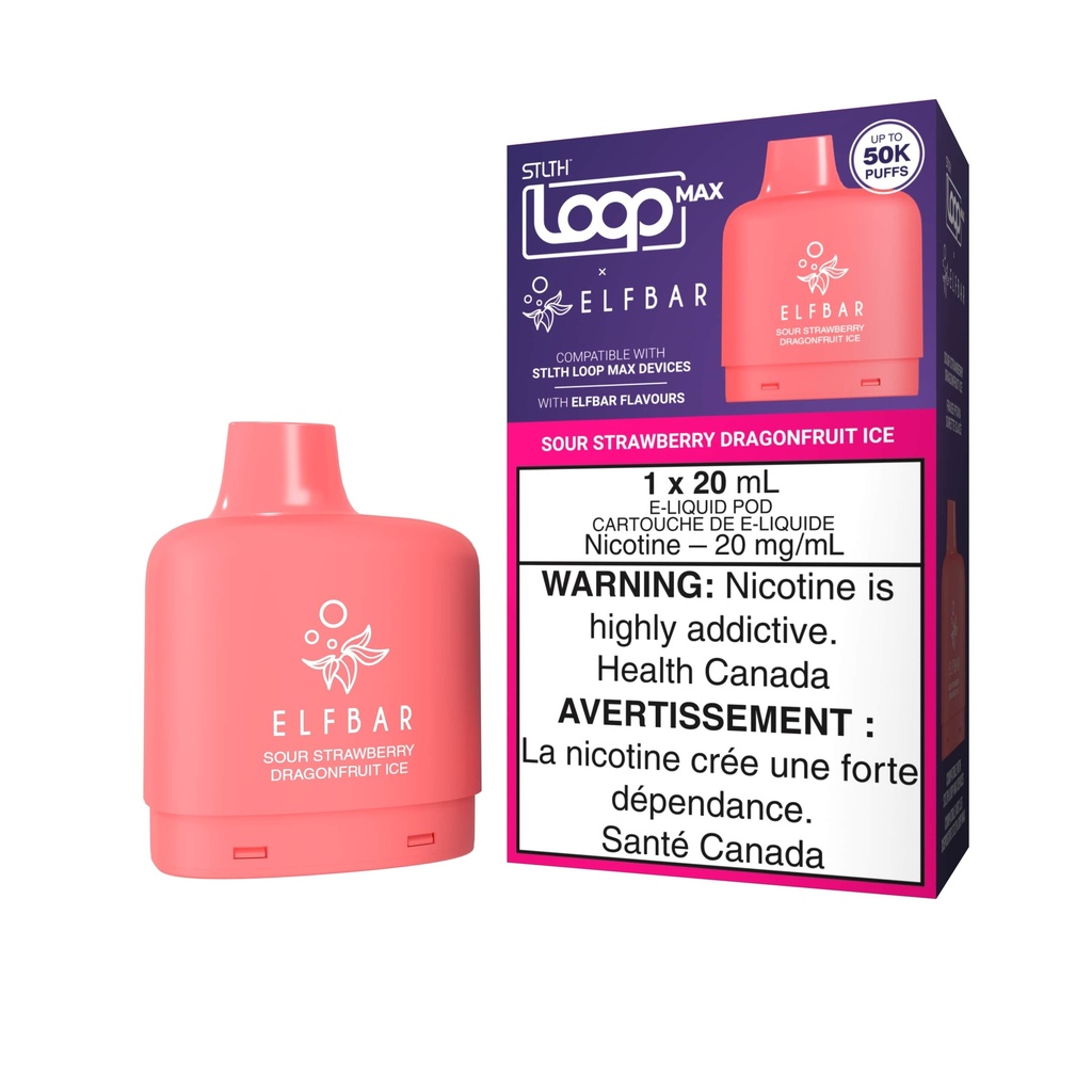 Manitoba *EXCISED* Nicotine Pod STLTH Loop Max Elfbar 50k Sour Strawberry Dragonfruit Ice Box of 4