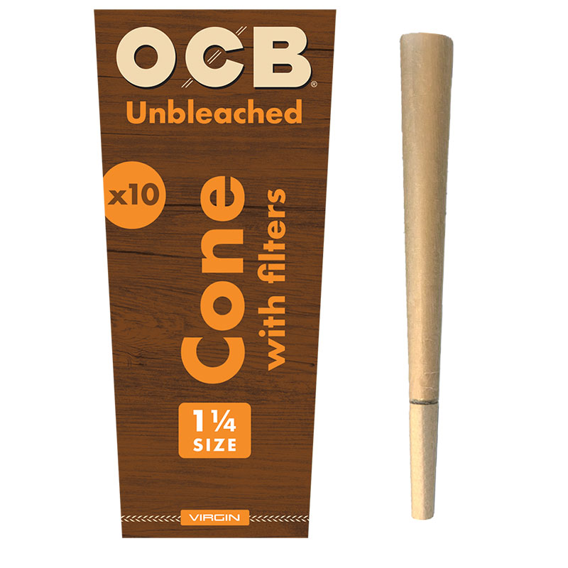 Rolling Papers OCB Virgin Unbleached Pre-Rolled 1 1/4 Cones 10-Pack - Box/12