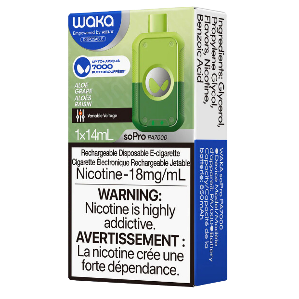 [wak1308b] *EXCISED* Waka Disposable Vape soPro PA7000 Rechargeable Aloe Grape Box Of 10