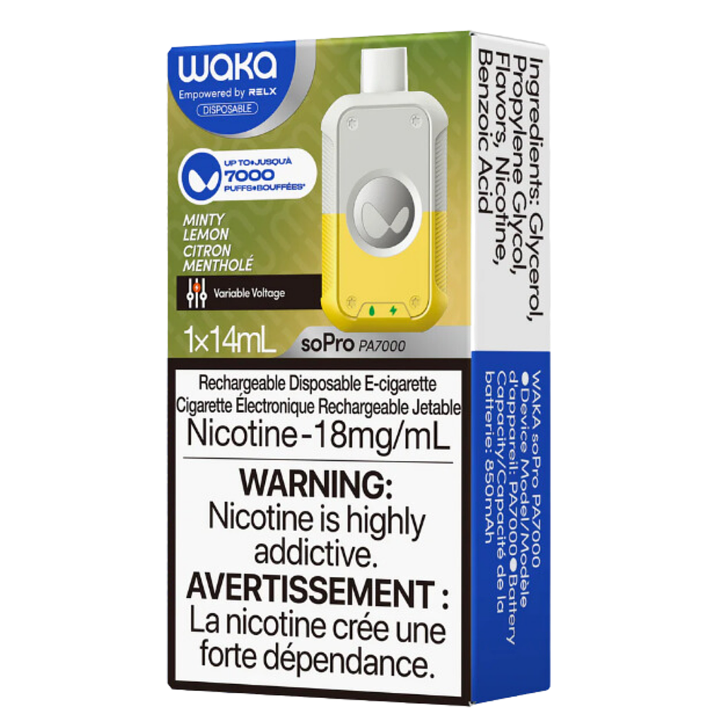 [wak1309b] *EXCISED* Waka Disposable Vape soPro PA7000 Rechargeable Minty Lemon Box Of 10