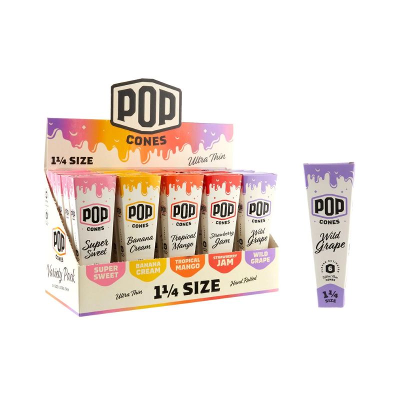 Pre Rolled Cones Pop Ultra Thin 1.25 Assorted Flavor 6 Per Pack Box of 25