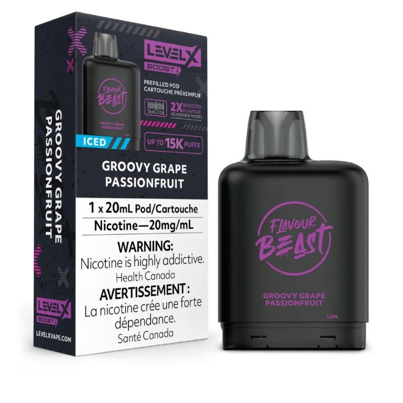 *EXCISED* Disposable Vape Flavour Beast Level X Boost Pod Groovy Grape Passionfruit Iced 20ml Box of 6