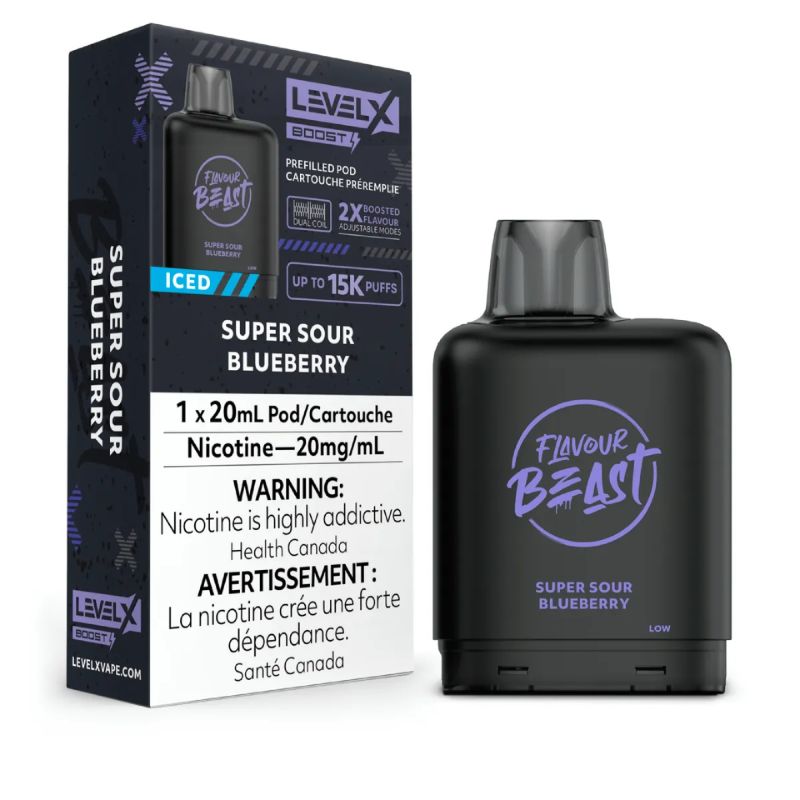 *EXCISED* Disposable Vape Flavour Beast Level X Boost Pod Super Sour Blueberry Iced 20ml Box of 6