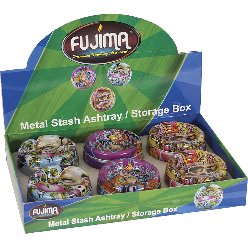 Ashtrays Fujima Round Metal Built In Stash "Assorted" Designs Box of 6