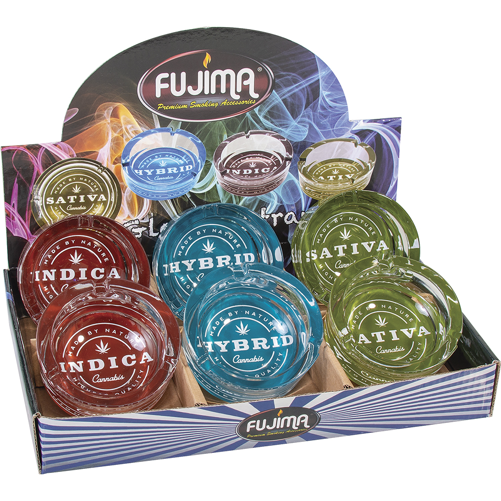Ashtrays Fujima Round Glass Sativa, Indica, Hybrid Box of 6