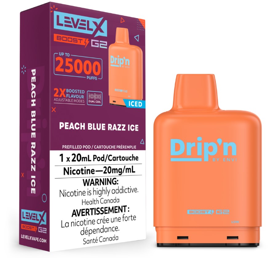 Manitoba *EXCISED* Nicotine Pod Drip'n Level X Boost G2 Peach Blue Razz Ice Box of 6