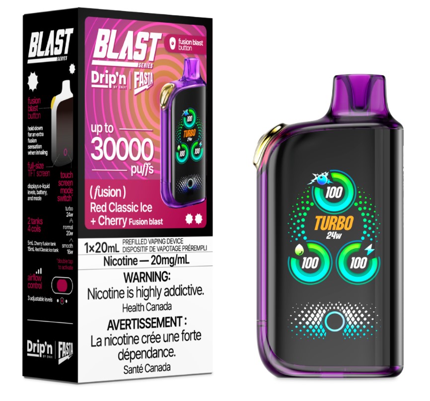 Manitoba *EXCISED* Disposable Vape Drip'n Envi Fasta Blast 30K Fusion Series Red Classic  Ice + Cherry (Fusion) Box of 5