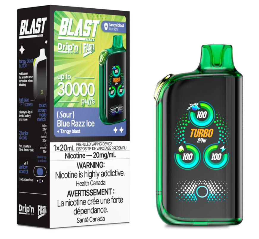 Manitoba *EXCISED* Disposable Vape Drip'n Envi Fasta Blast 30K Sour Series Blue Razz Ice (Sour) Box of 5