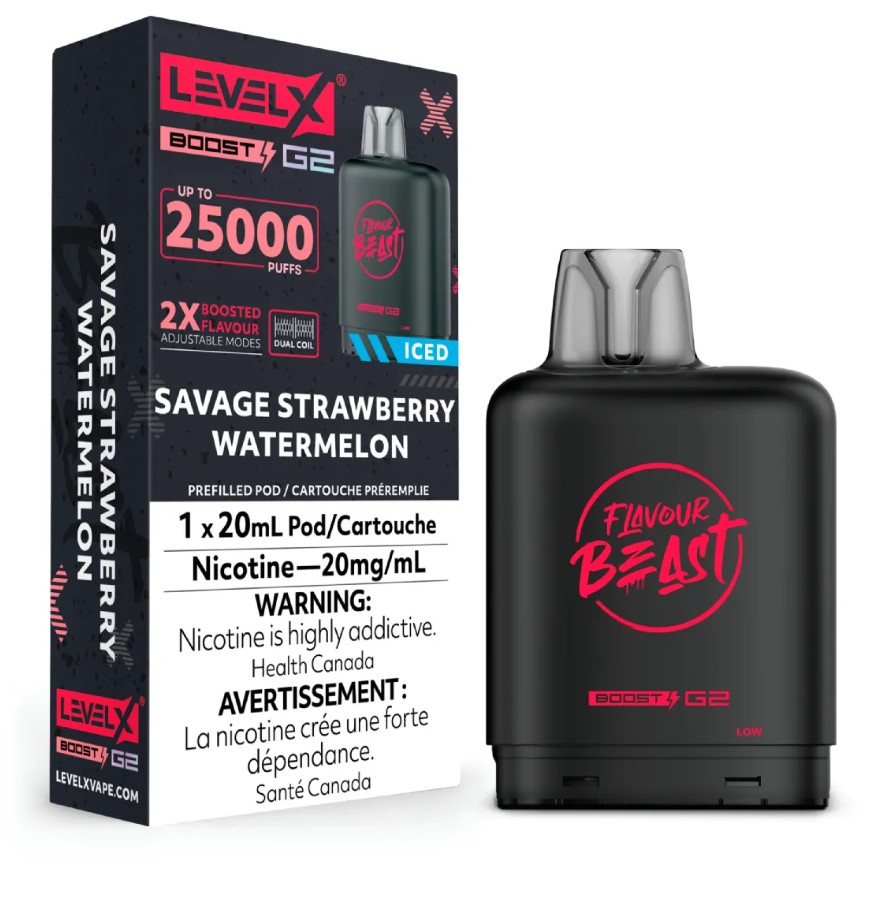 Manitoba *EXCISED* Nicotine Pod Flavour Beast Level X Boost G2 Savage Strawberry Watermelon Box of 6