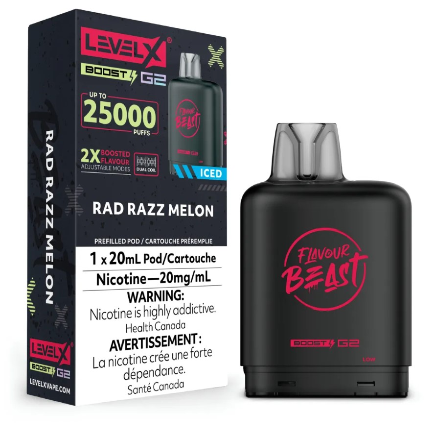 Alberta *EXCISED* Nicotine Pod Flavour Beast Level X Boost G2 Rad Razz Melon Box of 6
