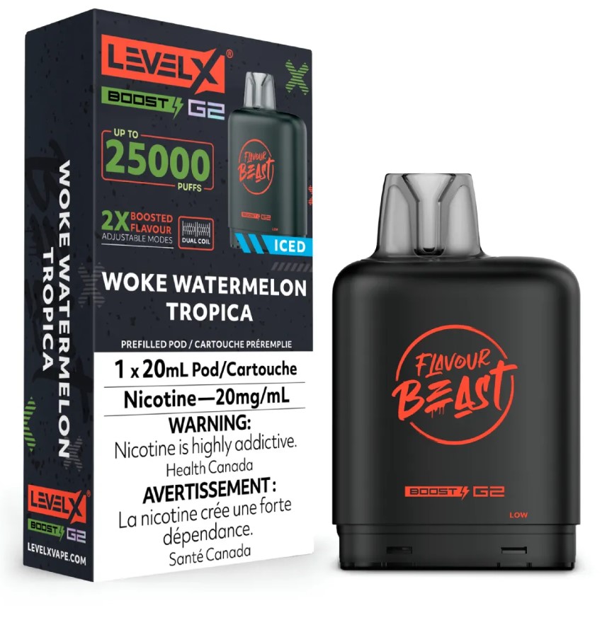 Alberta *EXCISED* Nicotine Pod Flavour Beast Level X Boost G2 Woke Watermelon Tropica Box of 6