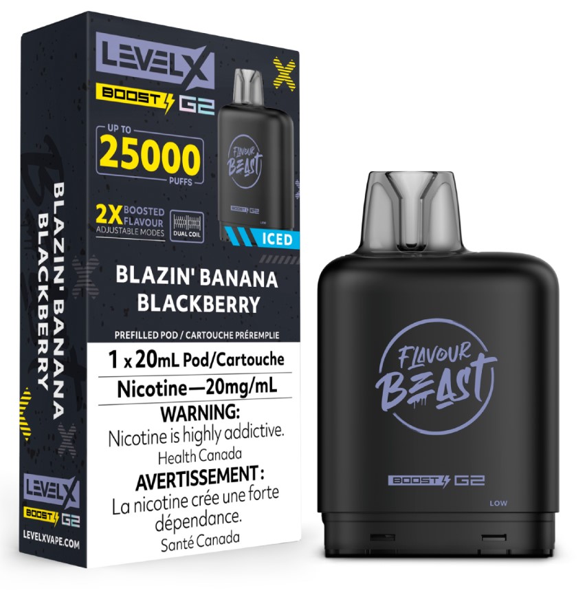 Manitoba *EXCISED* Nicotine Pod Flavour Beast Level X Boost G2 Blazin' Banana Blackberry Box of 6