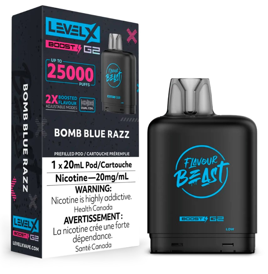 Manitoba *EXCISED* Nicotine Pod Flavour Beast Level X Boost G2 Bomb Blue Razz Box of 6
