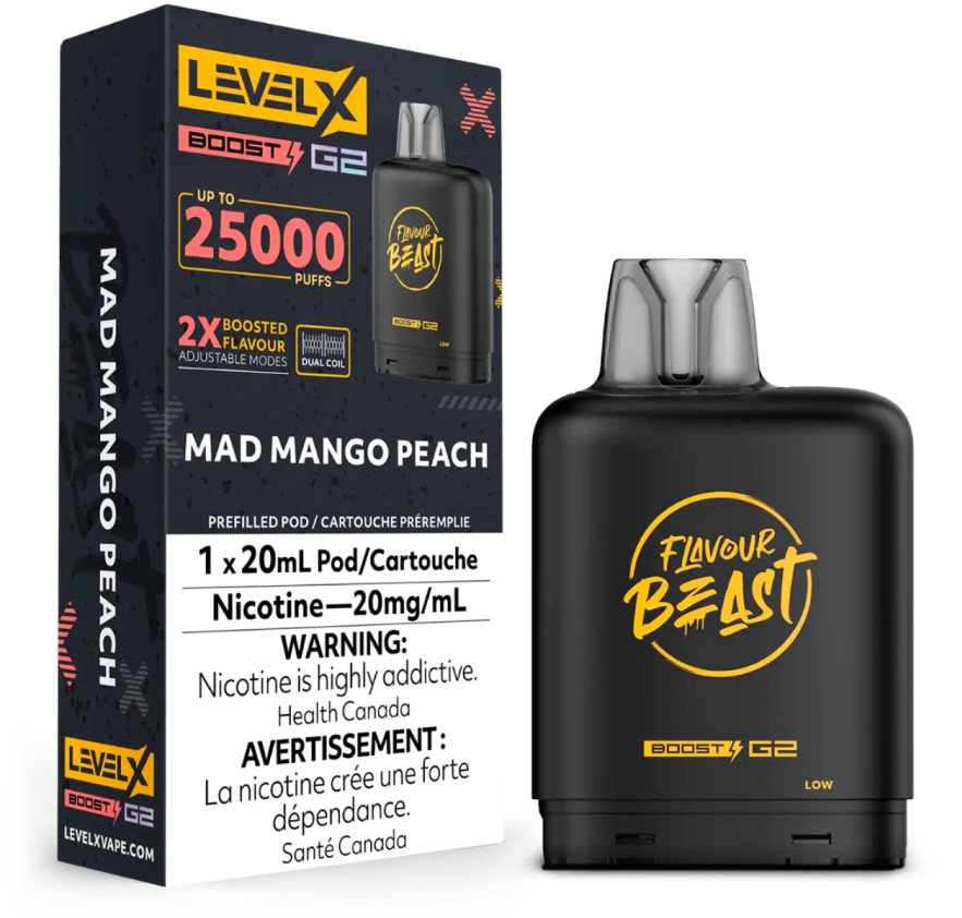 Manitoba *EXCISED* Nicotine Pod Flavour Beast Level X Boost G2 Mad Mango Peach Box of 6