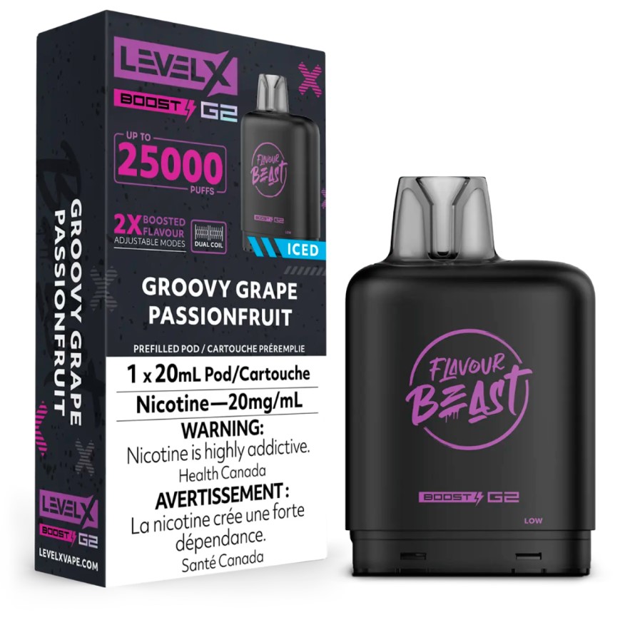 Alberta *EXCISED* Nicotine Pod Flavour Beast Level X Boost G2 Groovy Grape Passionfruit Iced Box of 6