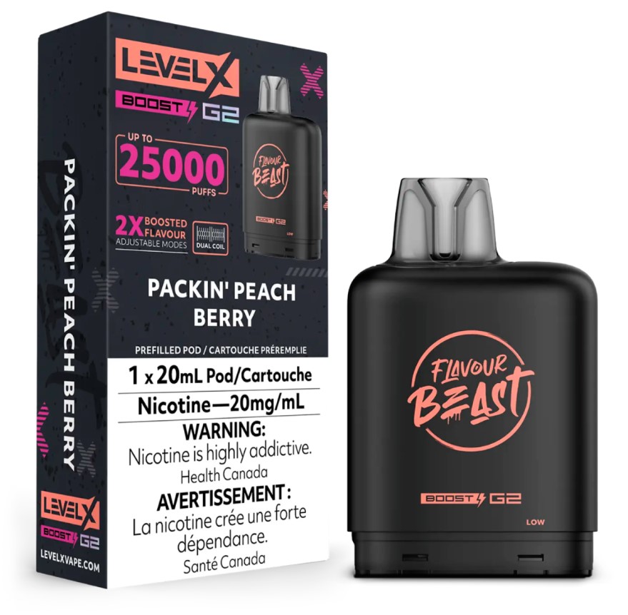 Alberta *EXCISED* Nicotine Pod Flavour Beast Level X Boost G2 Packin' Peach Berry Box of 6