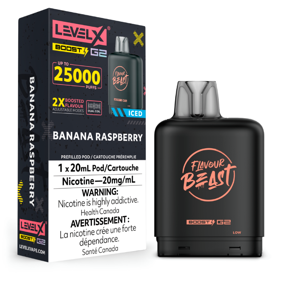 Manitoba *EXCISED* Nicotine Pod Flavour Beast Level X Boost G2 Banana Raspberry Iced Box of 6