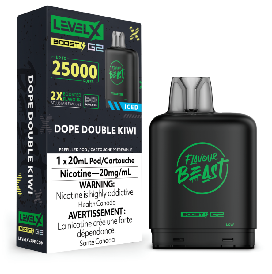 Manitoba *EXCISED* Nicotine Pod Flavour Beast Level X Boost G2 Dope Double Kiwi Box of 6