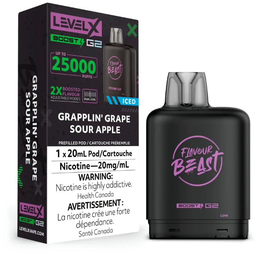 Manitoba *EXCISED* Nicotine Pod Flavour Beast Level X Boost G2 Grapplin' Grape Sour Apple Iced Box of 6
