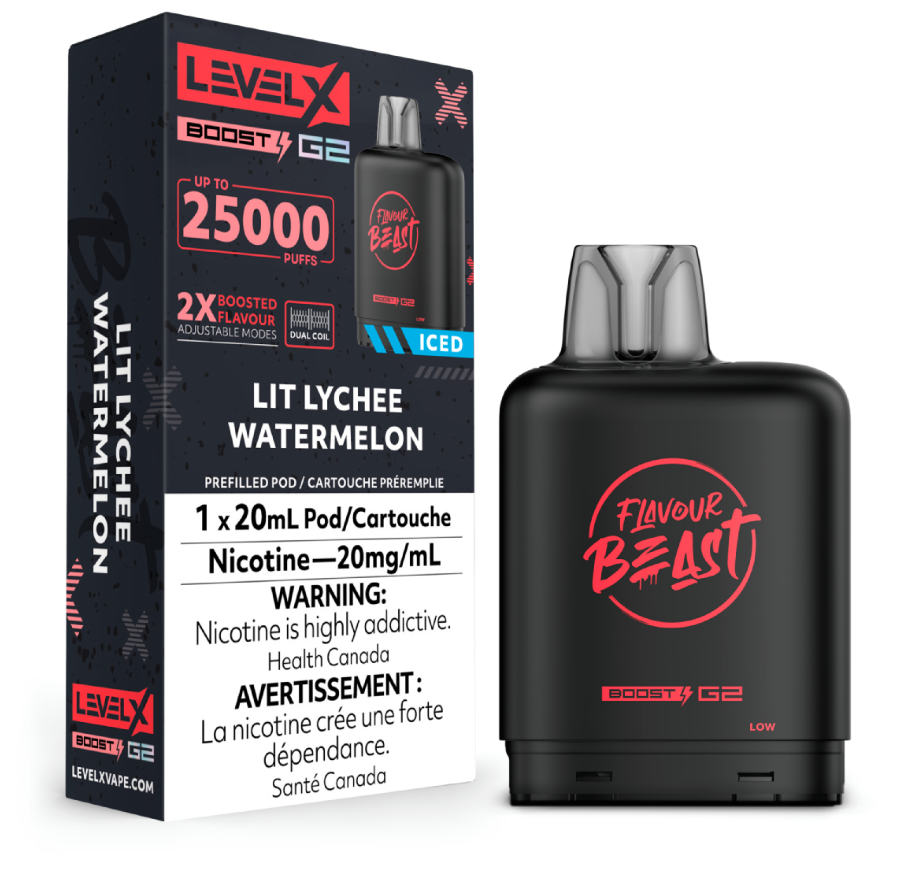 Manitoba *EXCISED* Nicotine Pod Flavour Beast Level X Boost G2 Lit Lychee Watermelon Box of 6