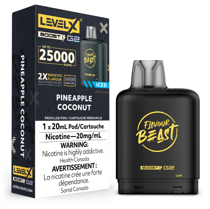 Manitoba *EXCISED* Nicotine Pod Flavour Beast Level X Boost G2 Pineapple Coconut Box of 6