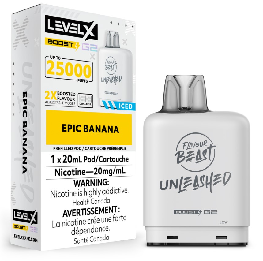 Manitoba *EXCISED* Nicotine Pod Flavour Beast Level X Unleashed Boost G2 Epic Banana Box of 6