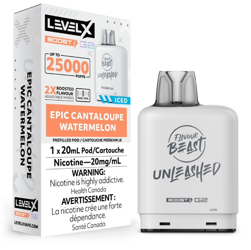Manitoba *EXCISED* Nicotine Pod Flavour Beast Level X Unleashed Boost G2 Epic Cantaloupe Watermelon Box of 6