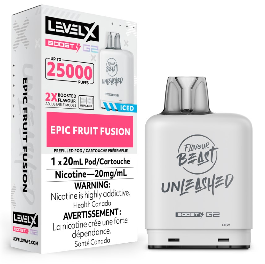 Manitoba *EXCISED* Nicotine Pod Flavour Beast Level X Unleashed Boost G2 Epic Fruit Fusion Box of 6