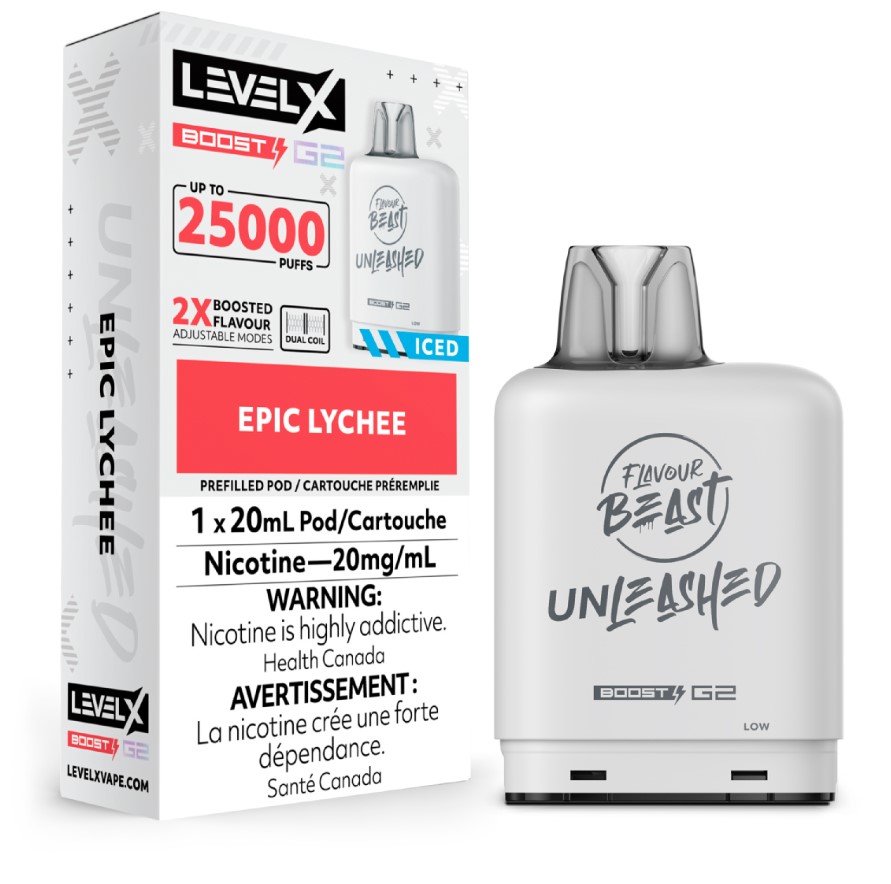 Manitoba *EXCISED* Nicotine Pod Flavour Beast Level X Unleashed Boost G2 Epic Lychee Box of 6