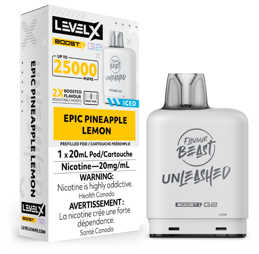 Manitoba *EXCISED* Nicotine Pod Flavour Beast Level X Unleashed Boost G2 Epic Pineapple Lemon Box of 6